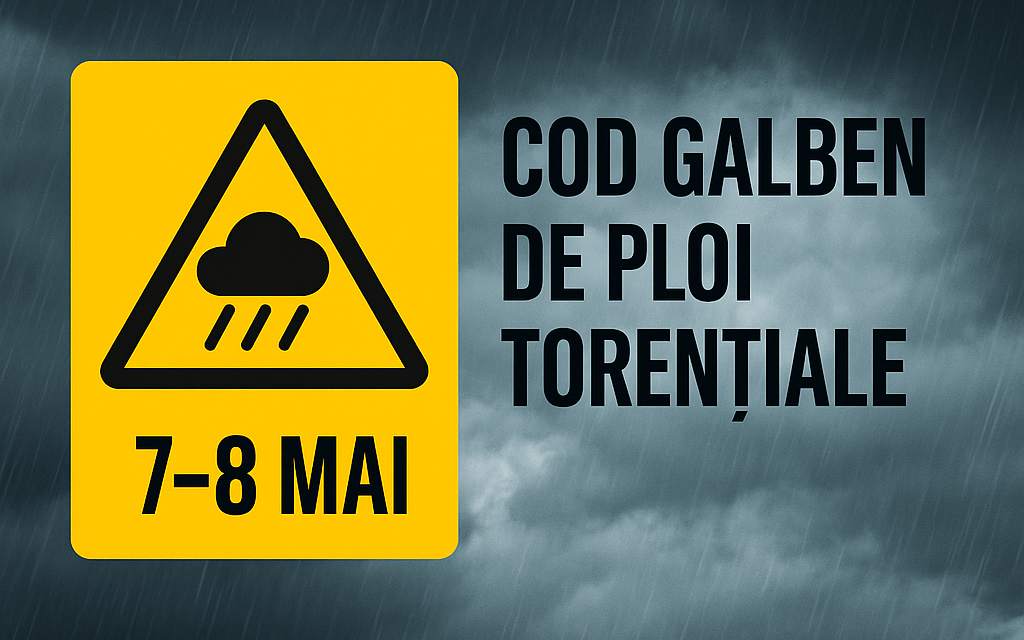 Cod galben de ploi torențiale și vânt puternic pe 7 și 8 mai: județele afectate